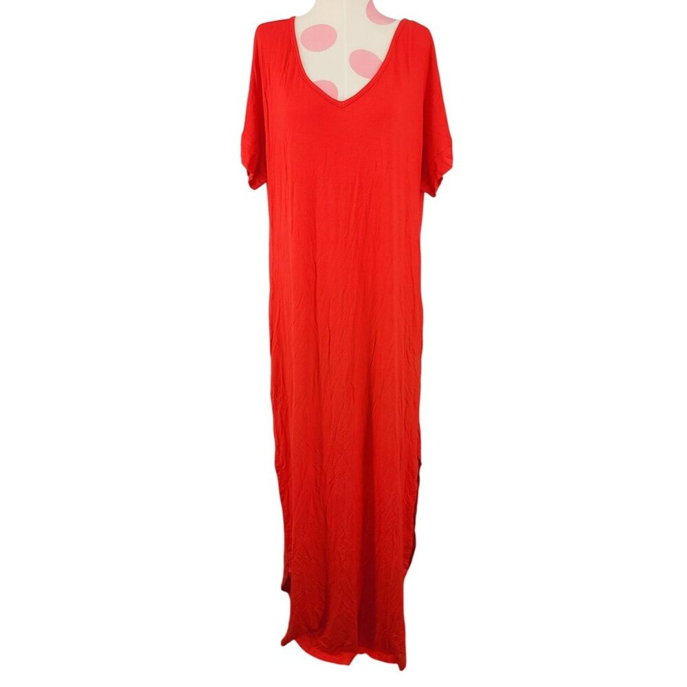 Women's NWT Grecerelle Red Long T-Shirt Dress Maxi XL Soft Flowy Pockets Rayon